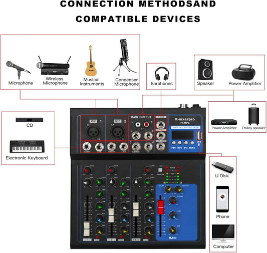 Table de Mixage 4 Canaux USB avec Alimentation Phantom 48V